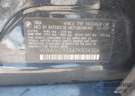 2007 BMW 328Xi from USA, damaged, VIN WBAVC93567K034206